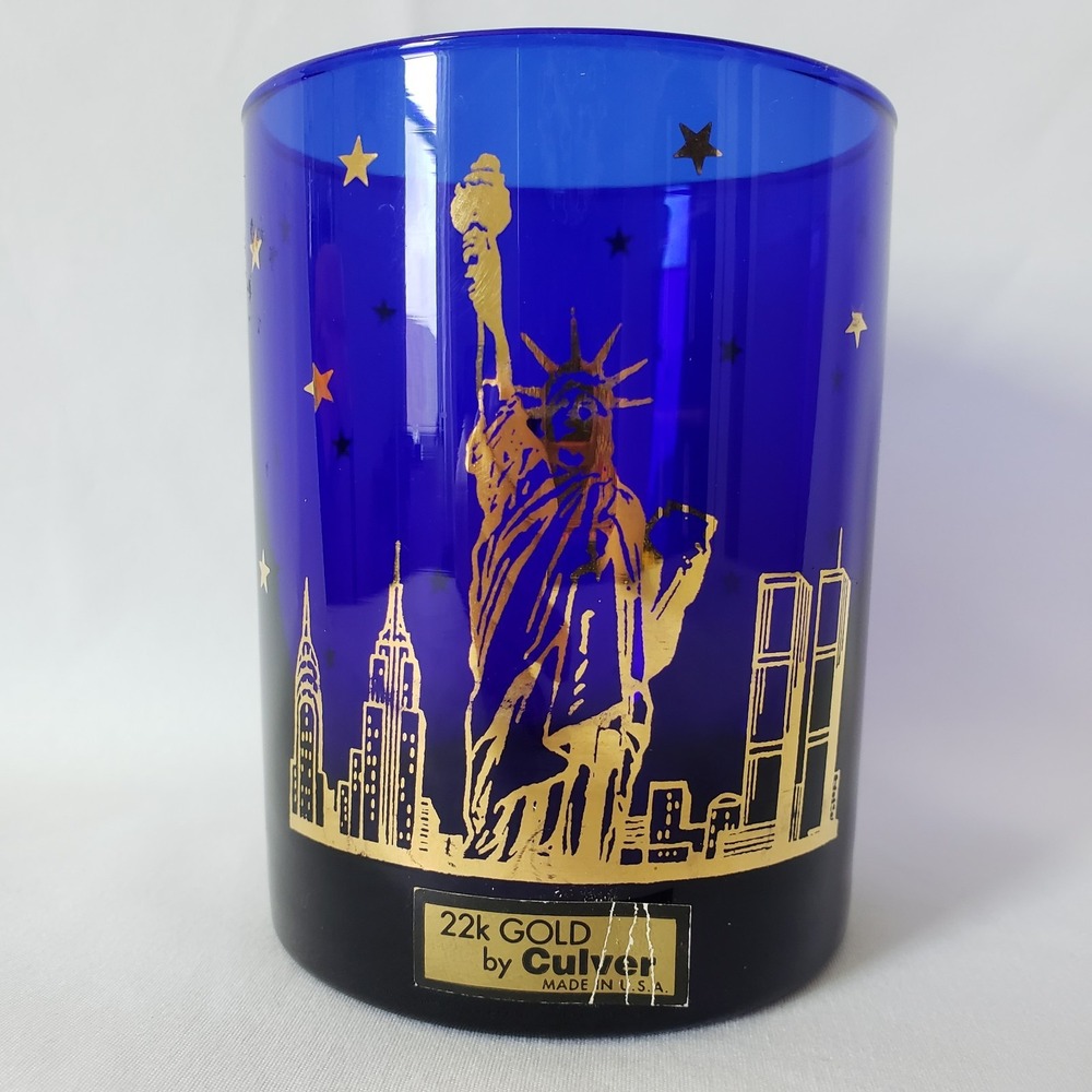 Culver Cobalt Glass Cup New York Skyline Twin Towers Statue of Liberty 22k Gold